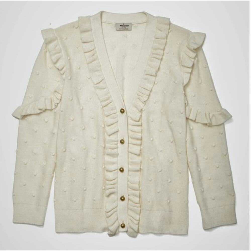 Kate Spade Wool Blend‎ Ruffle Cardigan Sweater Cream Pom Bobble Knit Small